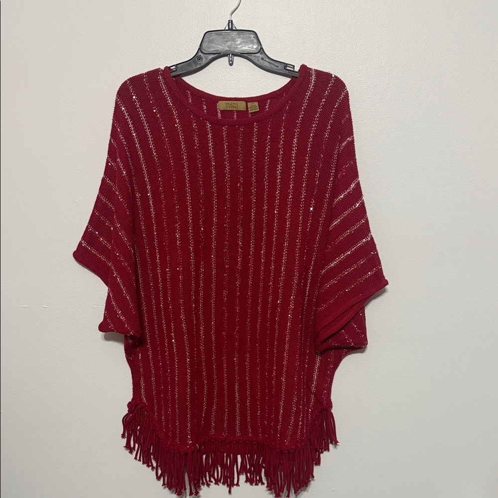 Valerie Stevens Red Knit Sparkle Fringed Shaw Sweater Top